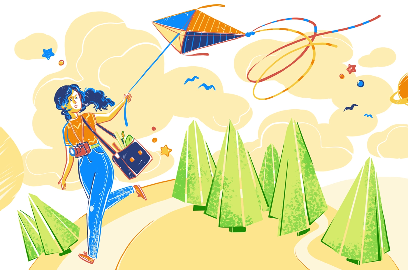 Illustrazione di una ragazza che corre con un aquilone