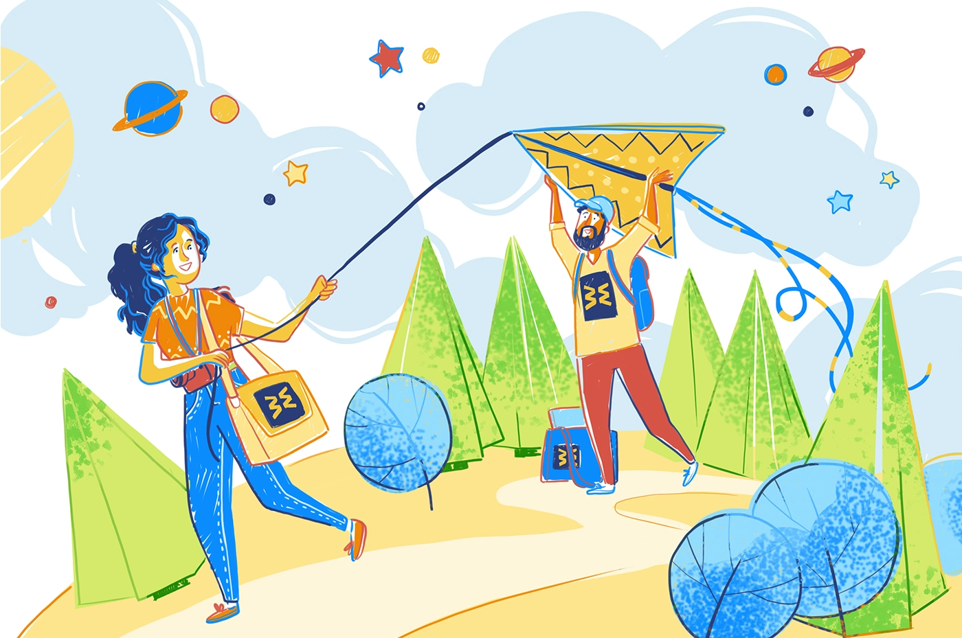 Ragazza e ragazzo che corrono per far volare insieme un aquilone