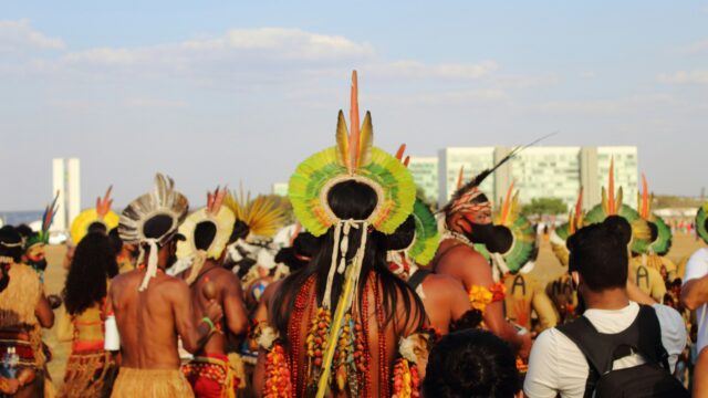 Gruppo di persone indigene viste di spalle, con abiti tradizionali, in un ambiente naturale.